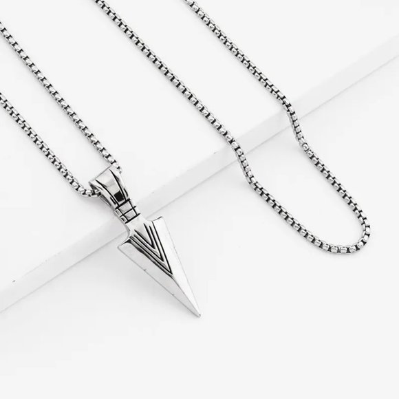 Silver Arrowhead Mens Arrow‎ Pendant Necklace 24" Chain - Native American Style - Picture 1 of 7